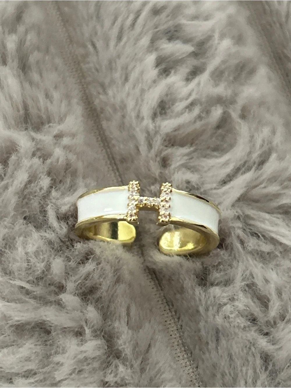 Gold and White H Open Ring with Rhinestone Accents